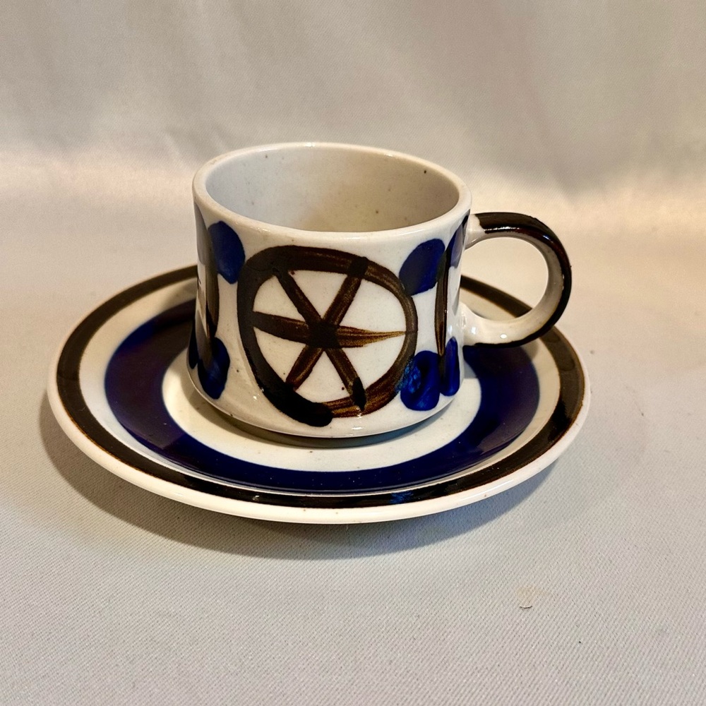 Vintage Japanese Ceramic Stoneware Espresso Cup & Saucer - Handpainted Design